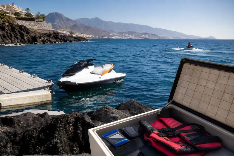 Pochette étanche et petit sac préparés sur un ponton avant une location de jet ski à Puerto Colón, Tenerife.