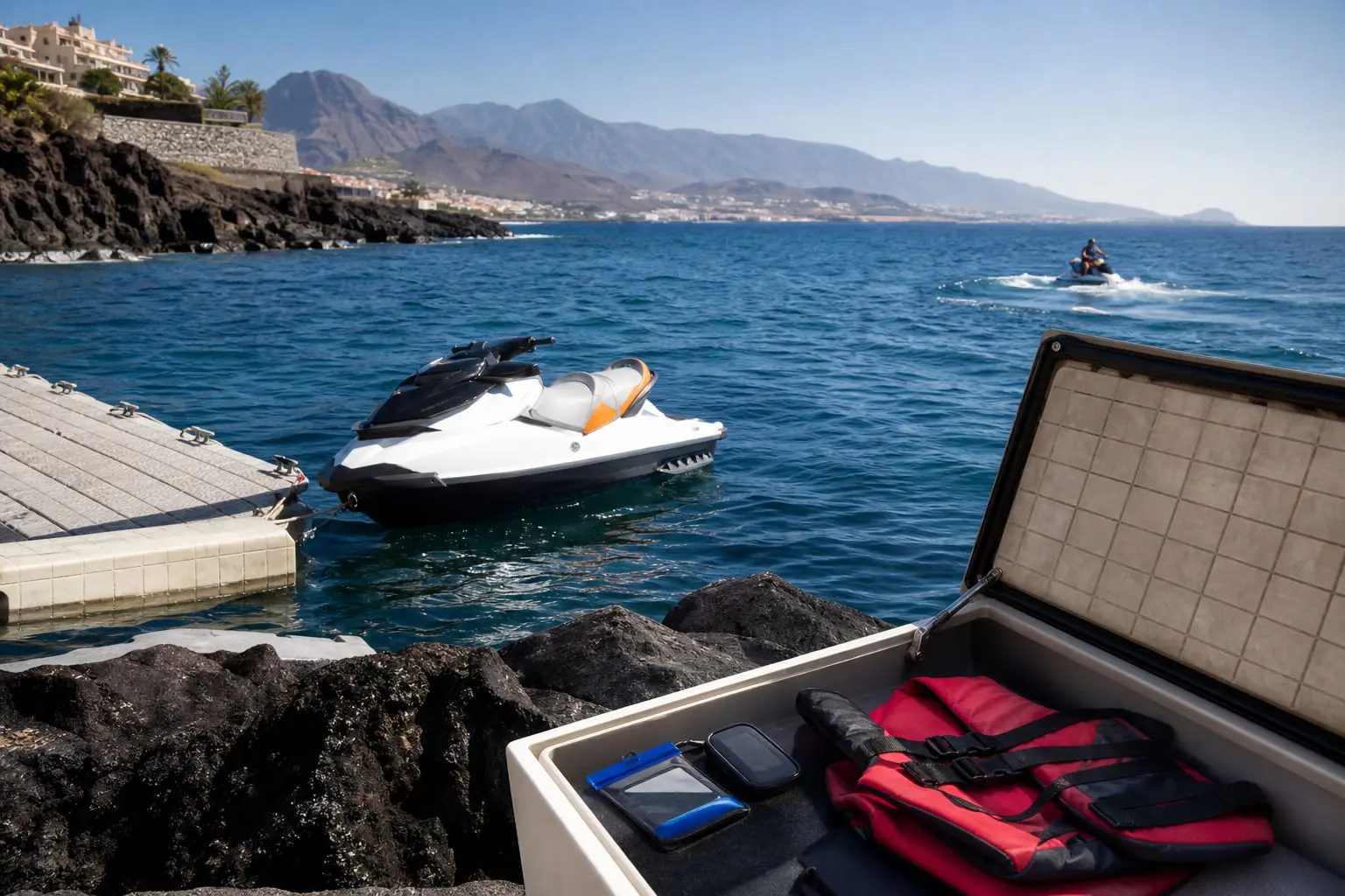 Pochette étanche et petit sac préparés sur un ponton avant une location de jet ski à Puerto Colón, Tenerife.