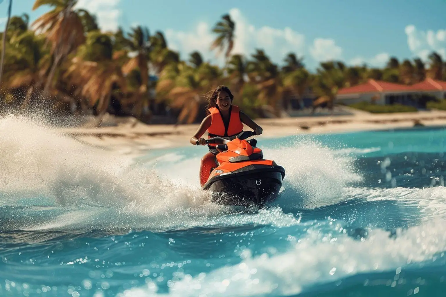 Prise en main d’un jet ski dans un chenal balisé près de Puerto Colón à Tenerife, avec un moniteur au loin.