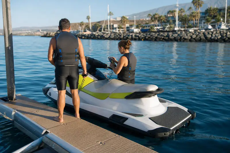 Préparation d’une session de jet ski au port de Puerto Colón à Costa Adeje, avec gilet et équipement posés près d’une moto nautique.