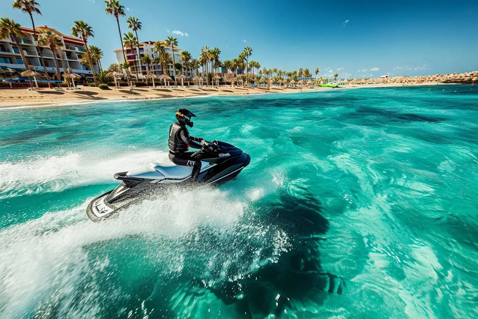 Jet ski avec pilote équipé d’un gilet dans un circuit balisé au large de Costa Adeje à Tenerife.