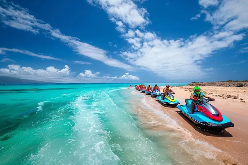 Groupe de jet skis encadré au large de Costa Adeje à Tenerife, avec des gilets de sauvetage et une mer calme le matin.