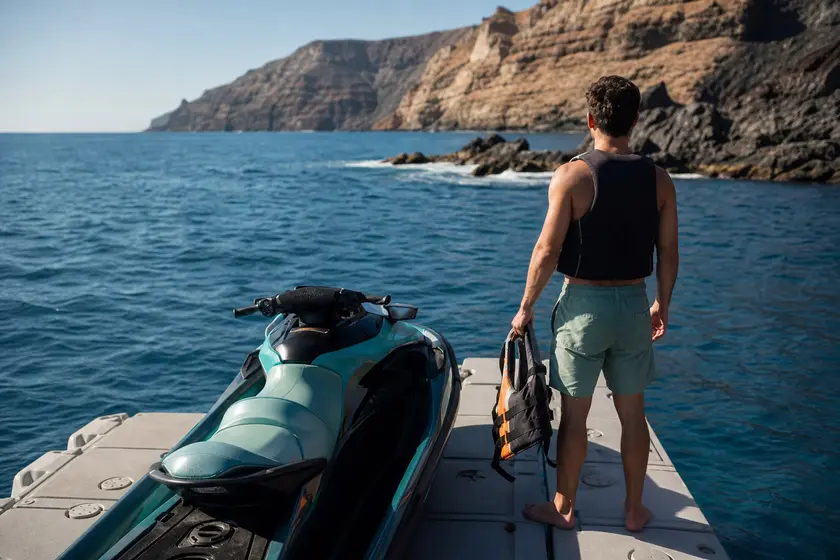 Deux adultes équipés de gilets sur une moto nautique à l’arrêt au large de Costa Adeje à Tenerife
