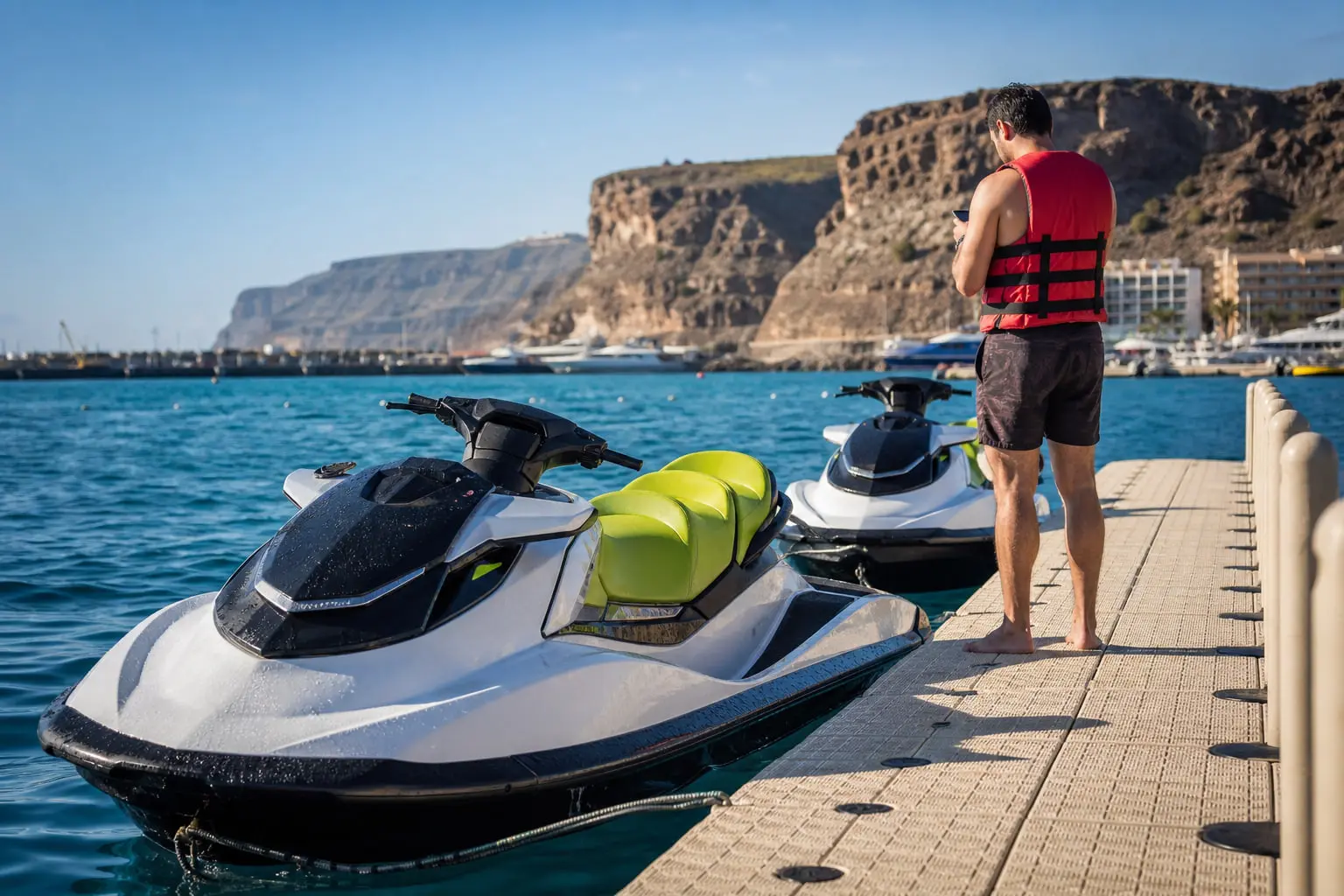 Contrat de location, carte bancaire et jet ski amarré à Puerto Colón, à Tenerife.