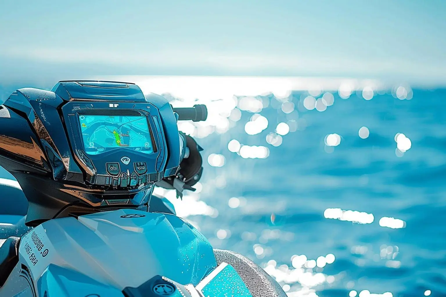 Jet ski de tourisme près de Costa Adeje à Tenerife, avec un écran de bord visible pendant une sortie encadrée.