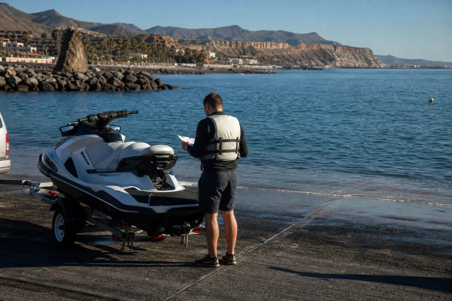 Jet ski privé sur remorque près d’une mise à l’eau de marina à Costa Adeje, à Tenerife.