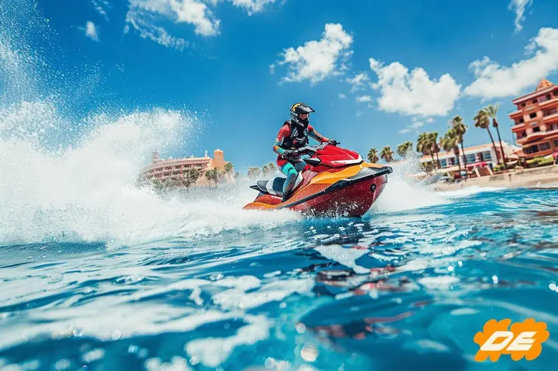 Moto nautique amarrée à Puerto Colón à Costa Adeje, avec bateaux d’activités nautiques et côte sud de Tenerife en arrière-plan.