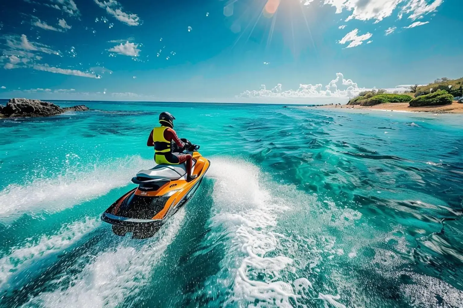 Jet ski en navigation matinale sur une mer calme au large de la côte sud de Tenerife.