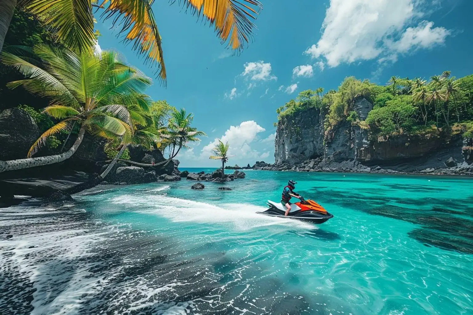 Jet ski encadré sur une mer calme au large de Costa Adeje, près de Puerto Colon à Tenerife.