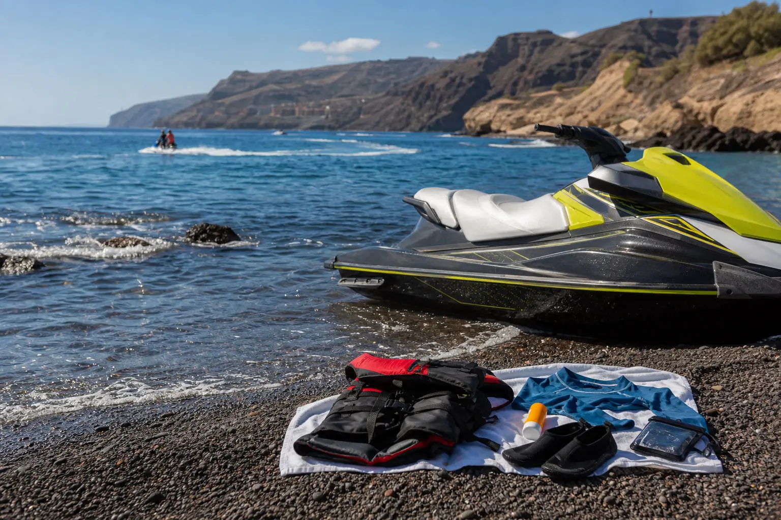 Accessoires utiles pour une sortie en jet ski sur un ponton de la côte sud de Tenerife : gilet, lycra, chaussures aquatiques, lunettes et pochette étanche.