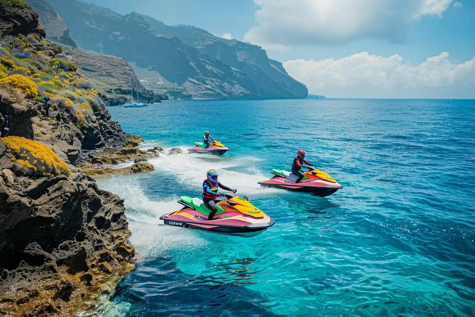 Groupe de jet skis encadré par un moniteur au large de la côte sud-ouest de Tenerife, avec les falaises volcaniques en arrière-plan.