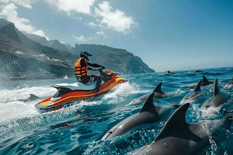 Jet ski naviguant au large des falaises de Los Gigantes, très loin d’un groupe de cétacés aperçu à l’horizon.