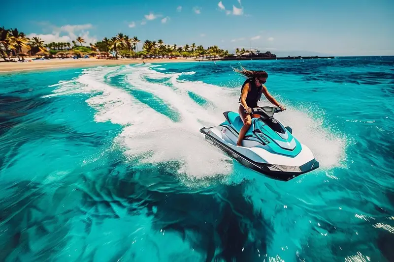 Jet ski de location avec deux passagers quittant Puerto Colón à Costa Adeje, sur une mer calme le matin à Tenerife.