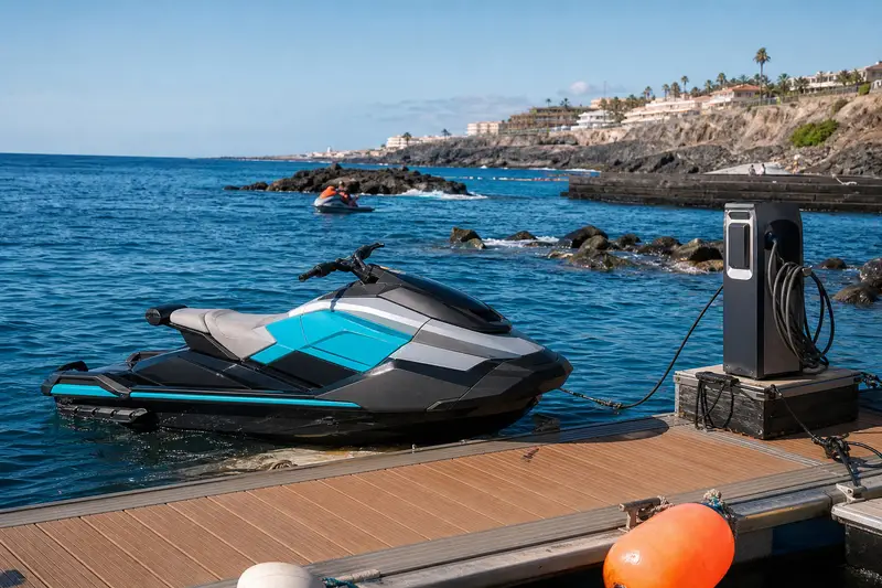 Moto nautique électrique sans logo amarrée dans une marina de Costa Adeje à Tenerife, tôt le matin.