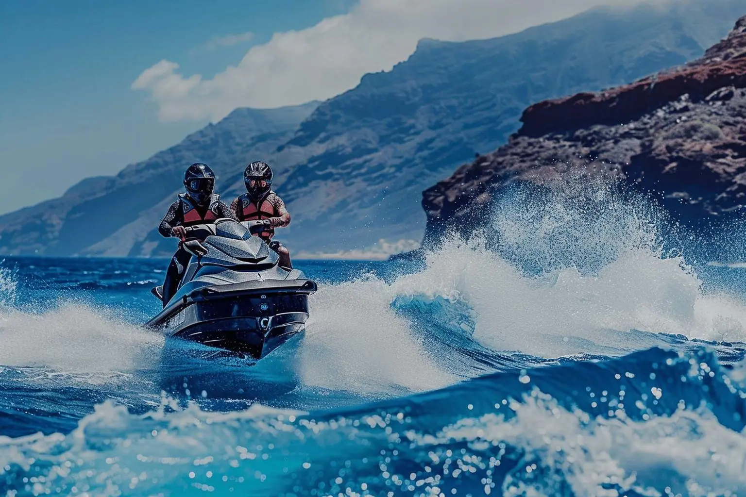 Trois personnes, pilote compris, assises avec des gilets sur un jet ski trois places dans un chenal balisé à Puerto Colón, à Tenerife.