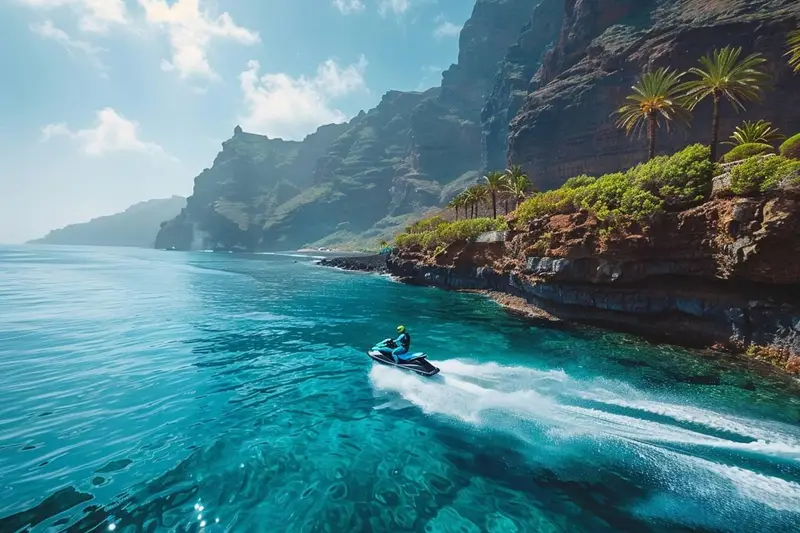 Jet ski dans un circuit balisé au large de Puerto Colón, sur la côte sud de Tenerife, par mer calme le matin.